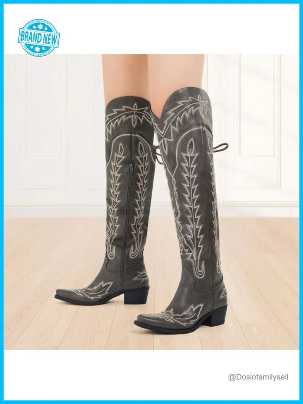Thigh High Cowgirl Boots Wide Calf Over the Knee Western Embroidered Pull-On